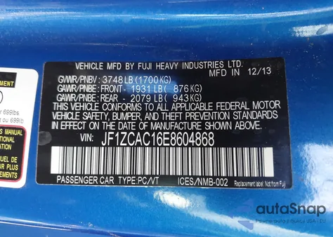 2014 Subaru Brz Limited from USA, damaged, VIN JF1ZCAC16E8604868